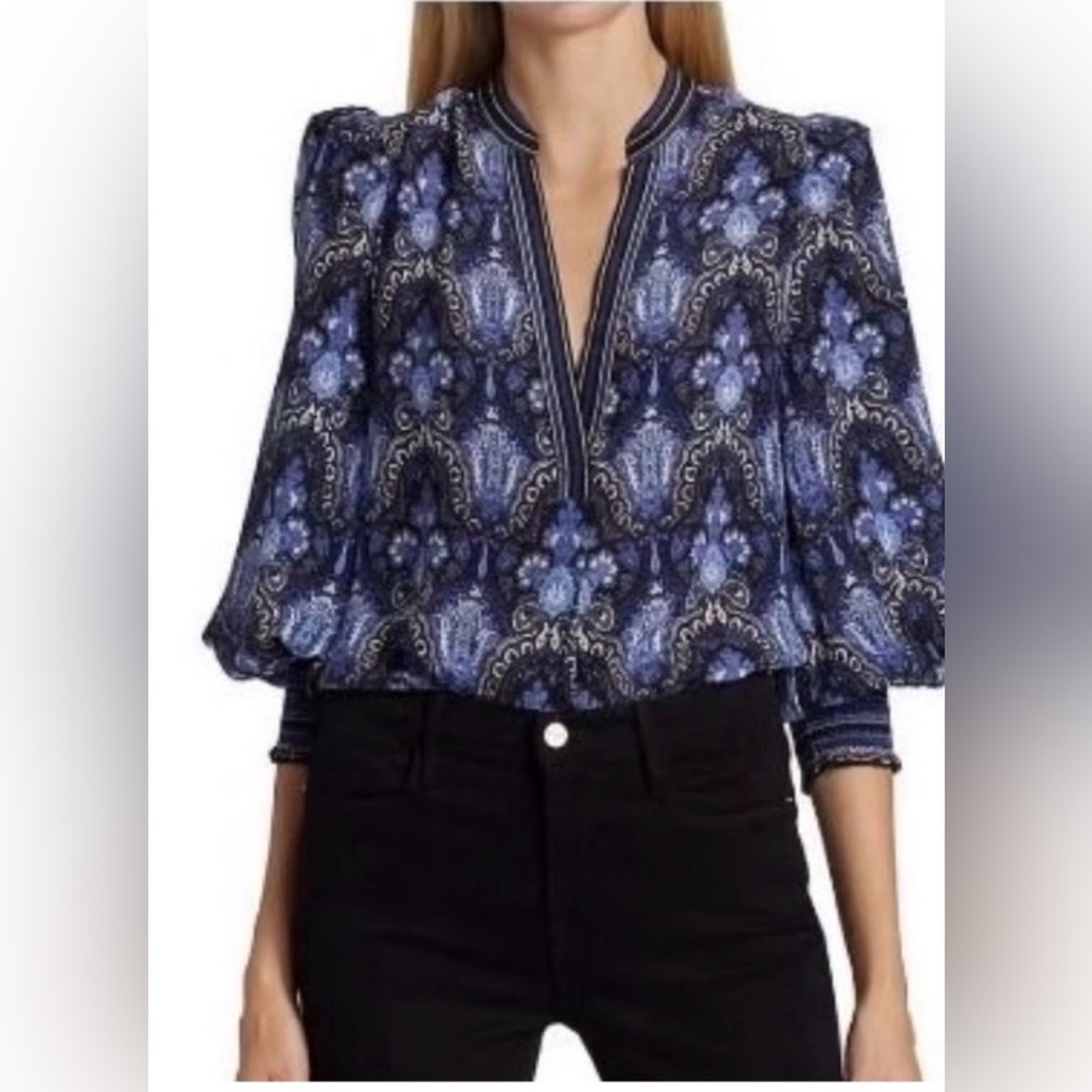 Alice + Oliva Blue Shelia 100% Silk Blouson Sleeve Blouse